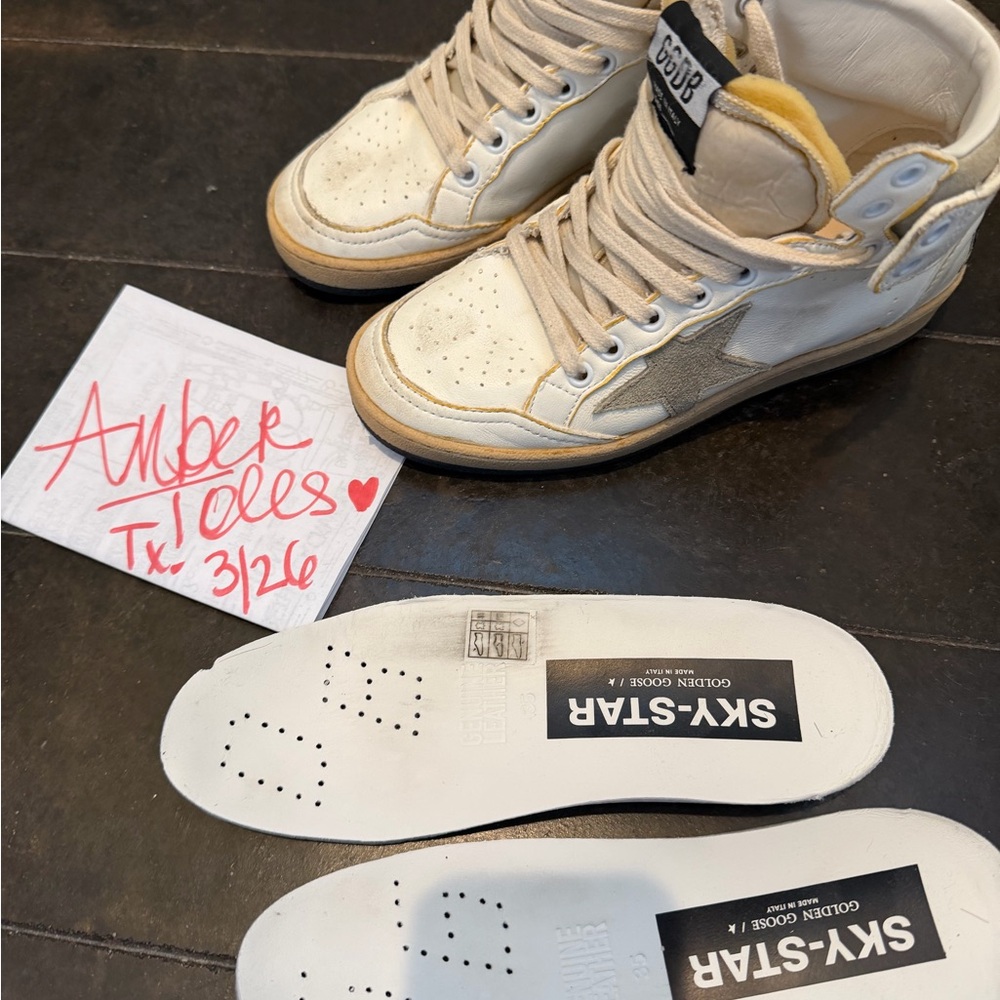 Golden Goose White and Tan High-Top Sneakers with Suede Star